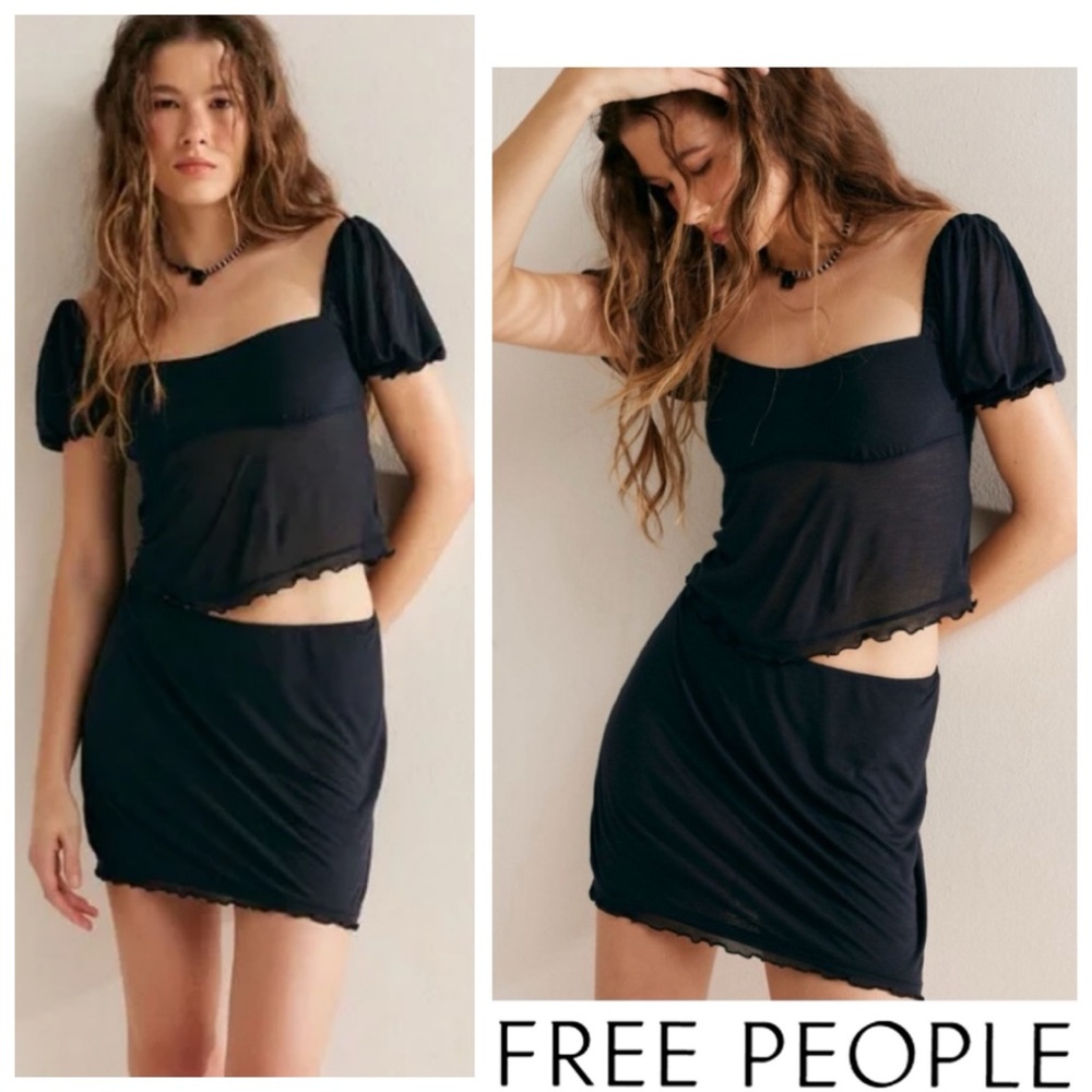 🔥SET! 2pc FREE PEOPLE Avida Top & Skirt  *Boudoir Inspired Black Set XL NWTS!
